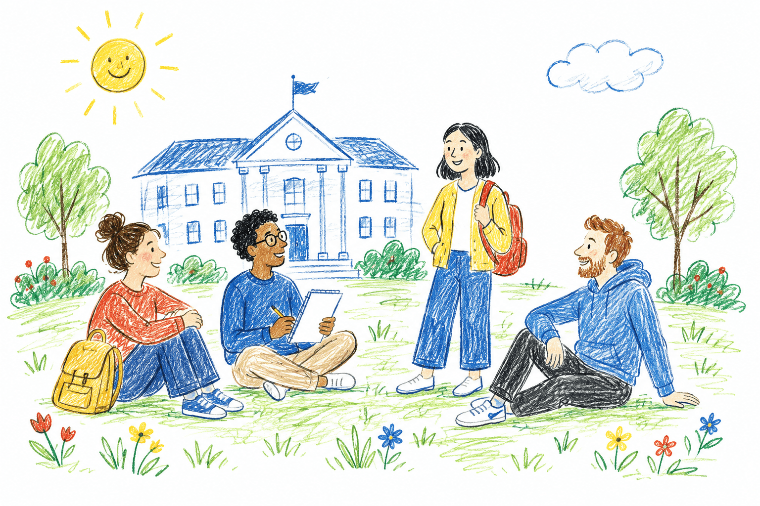 A colored-pencil drawing of university students sharing ideas on a sunny campus.